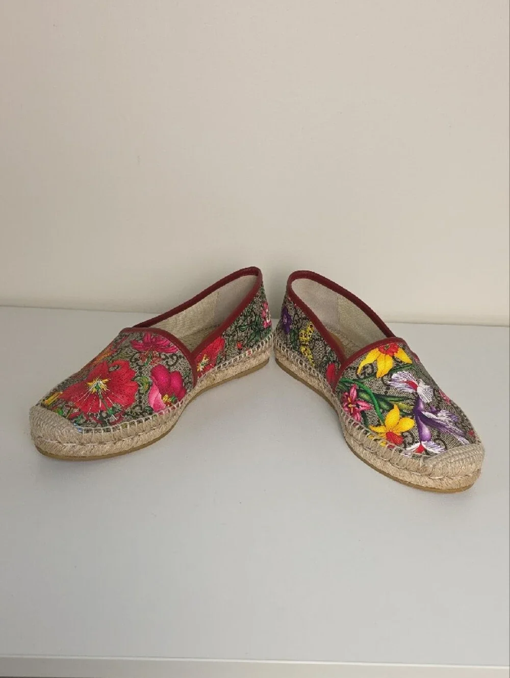 Gucci GG Floral Canvas Espadrilles - Red, Yellow, Purple, Green.  Size 37 1/2